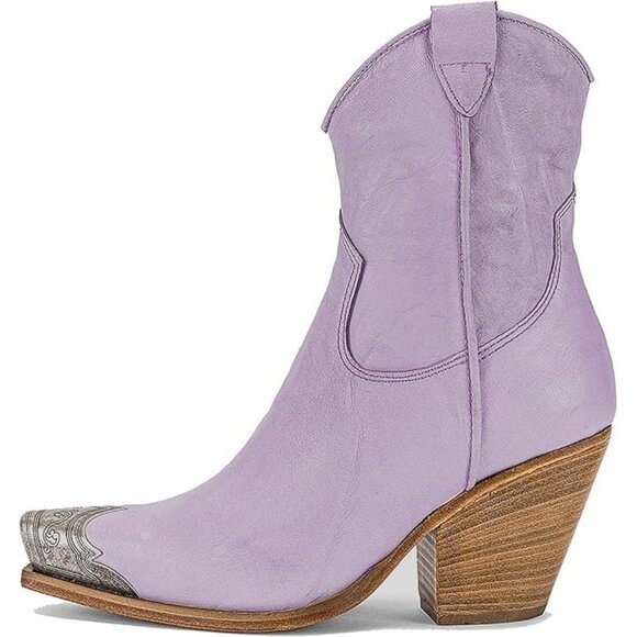 Women's Purple Faux Leather Steel Toe Side Zipper Block Heel Western Ankle Boots - Picture 1 of 3